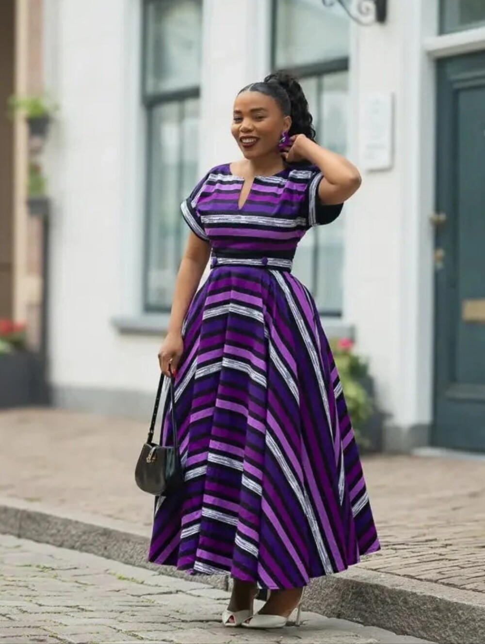 Purple Striped A-Line Midi Dress